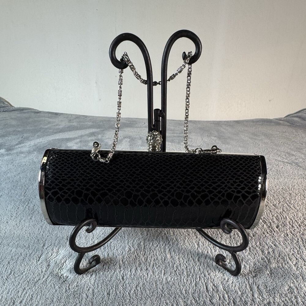 Expressions NYC Black Animal Print Clutch Rhinestone Clasp Silver Chain Strap